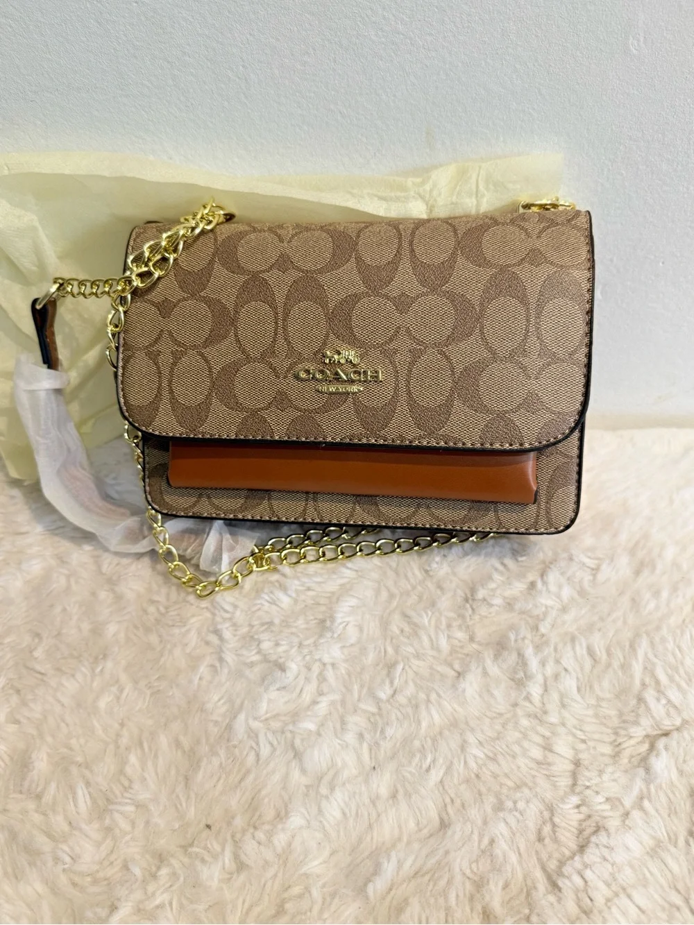 Coach Tan Signature Canvas Crossbody with Gold Chain